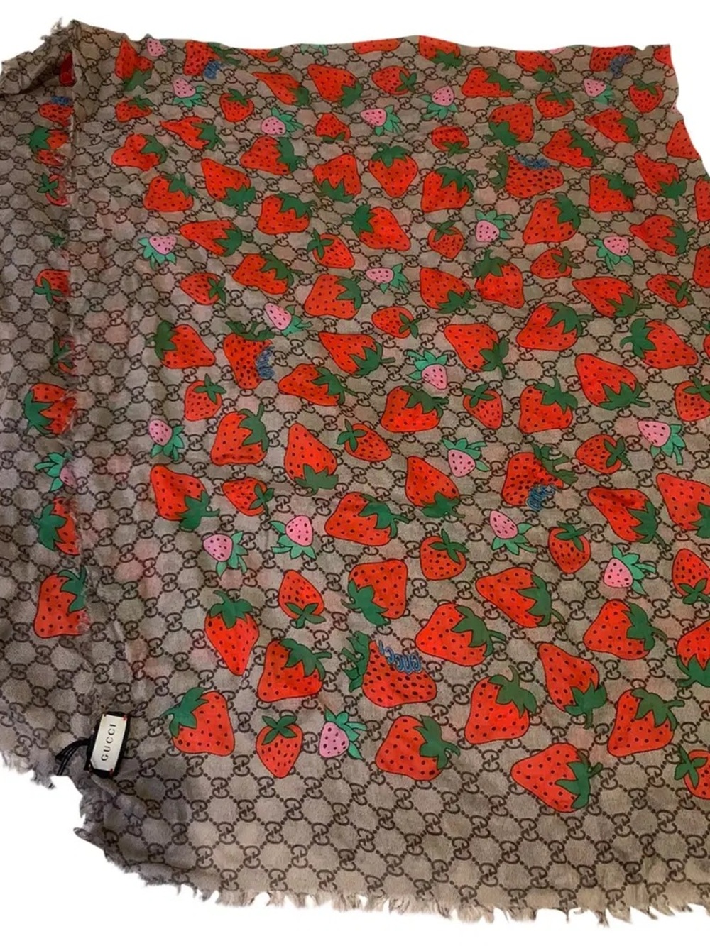 Gucci Beige GG Strawberry Motif Silk Scarf with Red and Pink Accents. Like new!